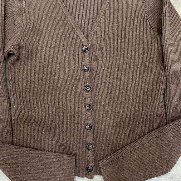 Brandy Melville Button-Up V-Neck Ribbed Brown Cardigan Sweater - Picture 3 of 5